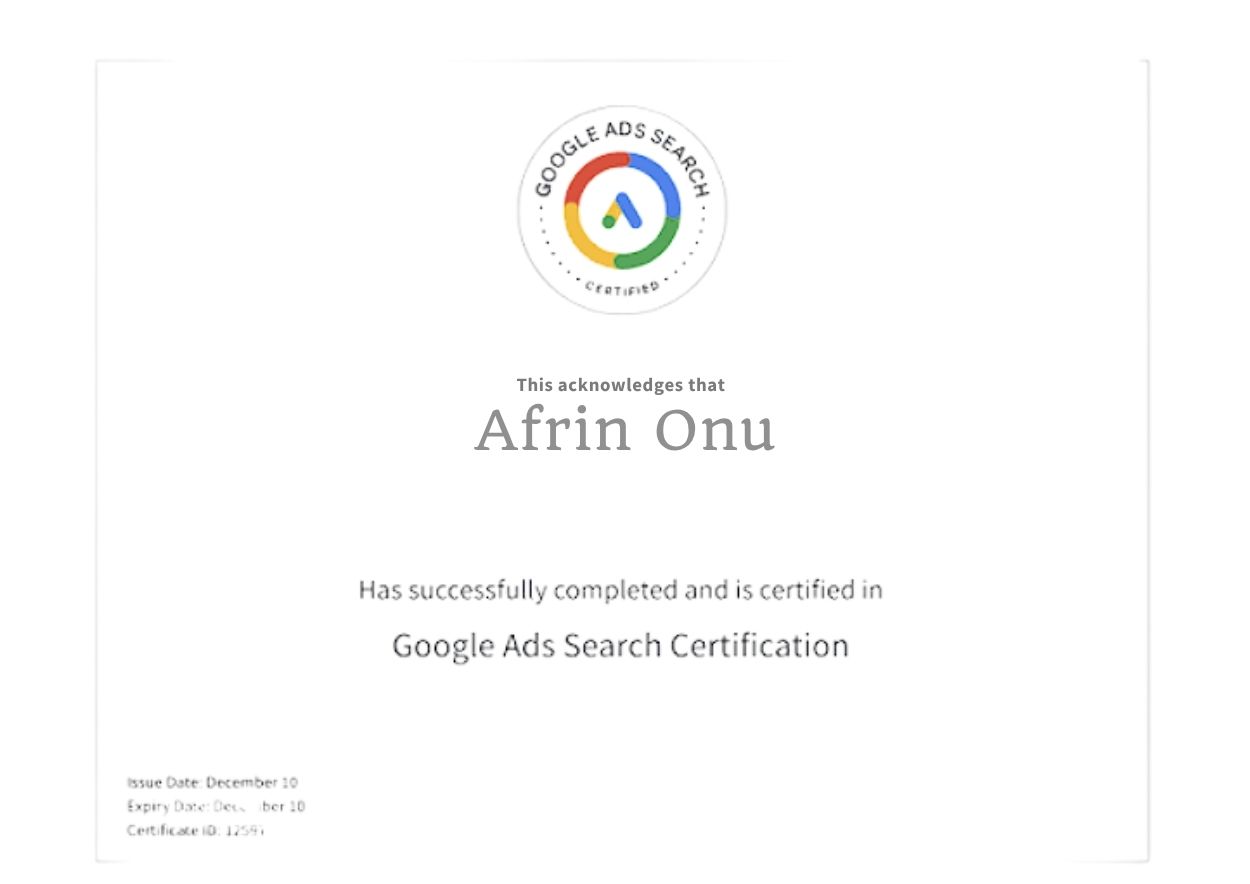 Afrin Onu Amazon Sponsored Ads Certification